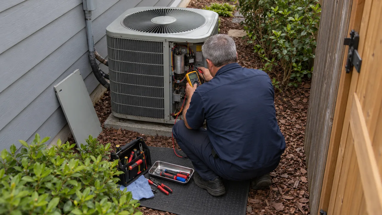 Technician testing the electrical parts of an outdoor AC unit with a multimeter, access panel removed