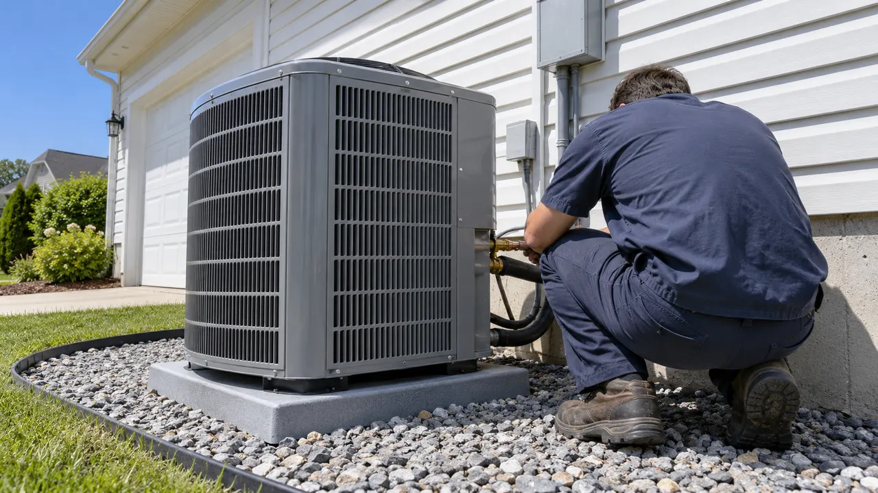 Installer crouching at a new AC condenser unit on a gravel bed, working on the line-set connection