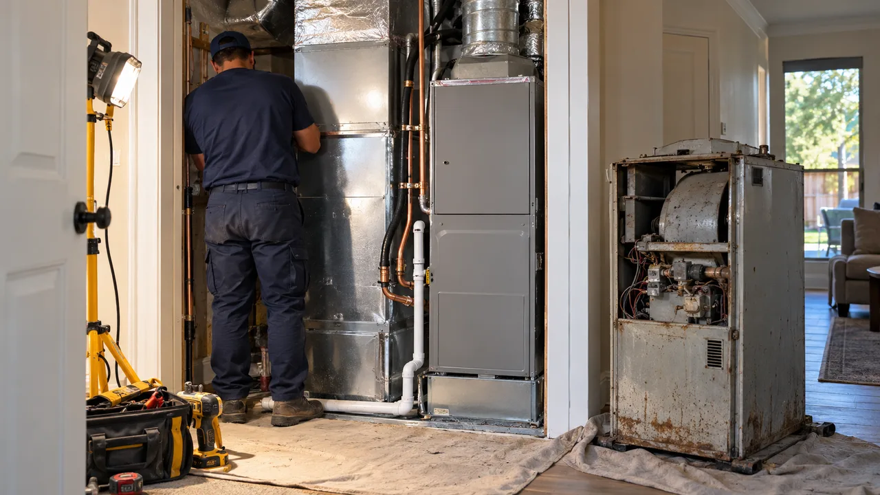 Installer seen from behind setting a new furnace and indoor coil in a utility closet, old furnace waiting on the floor