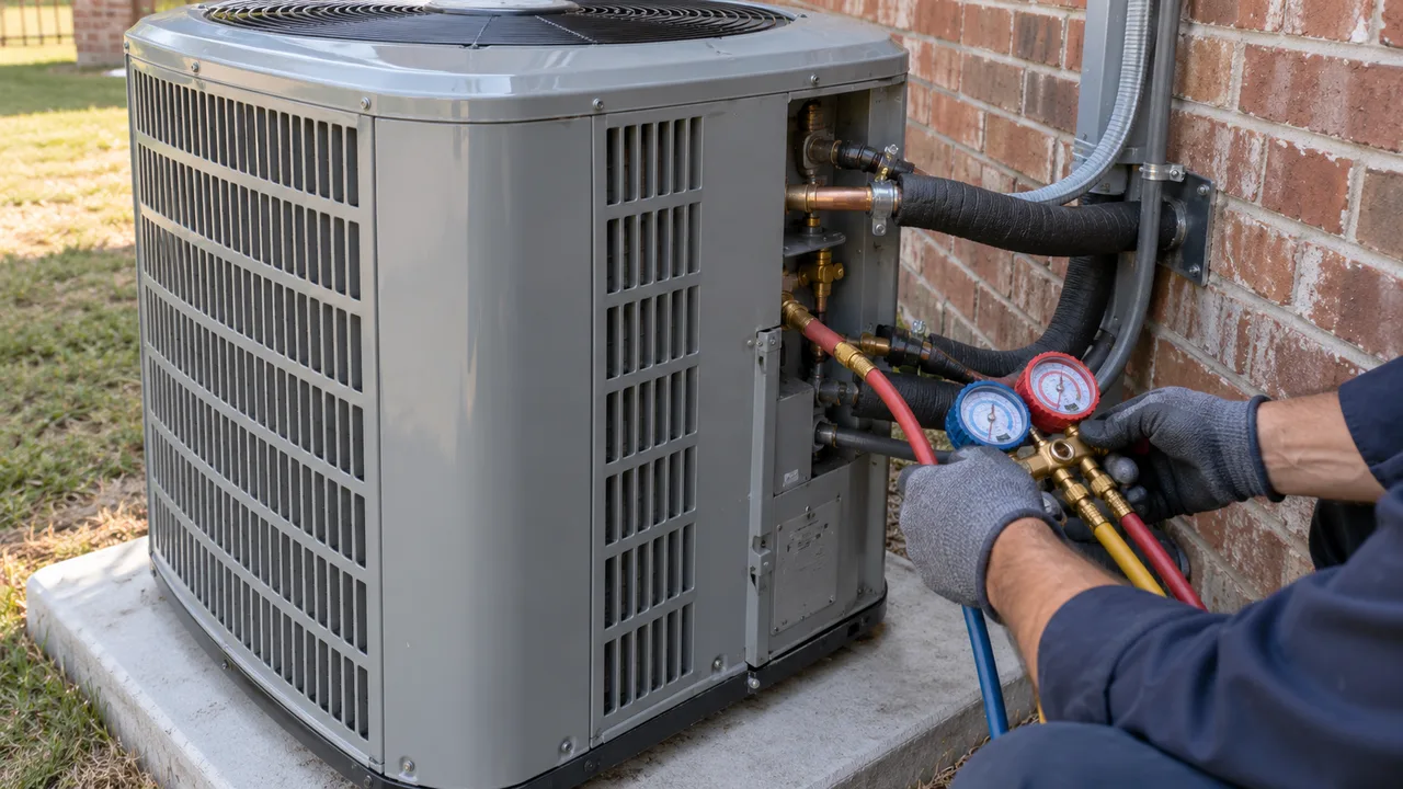 Gloved hands connecting a gauge manifold to the service valves of a new outdoor AC unit