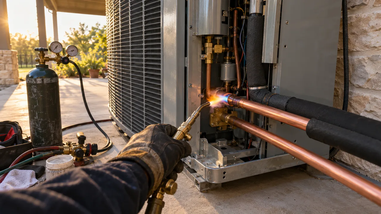 Gloved hand brazing a copper line set at a new AC unit, with a nitrogen tank and gauges beside it