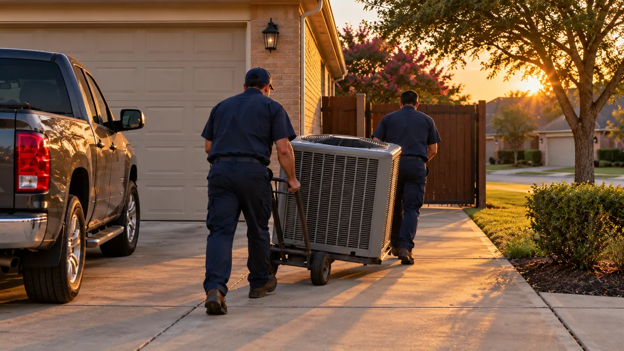 Two installers seen from behind wheeling a new AC unit on a hand truck down a driveway at sunset
