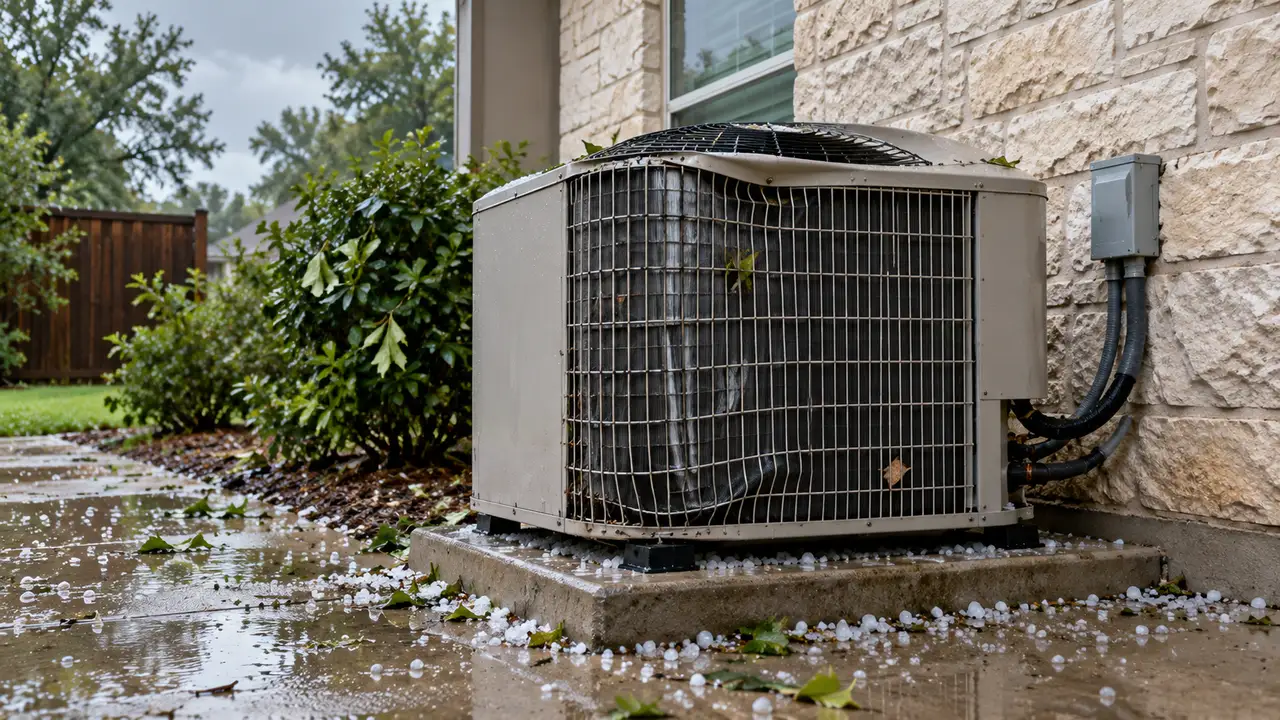 Outdoor AC unit with a bent grille and hailstones on the ground after a storm