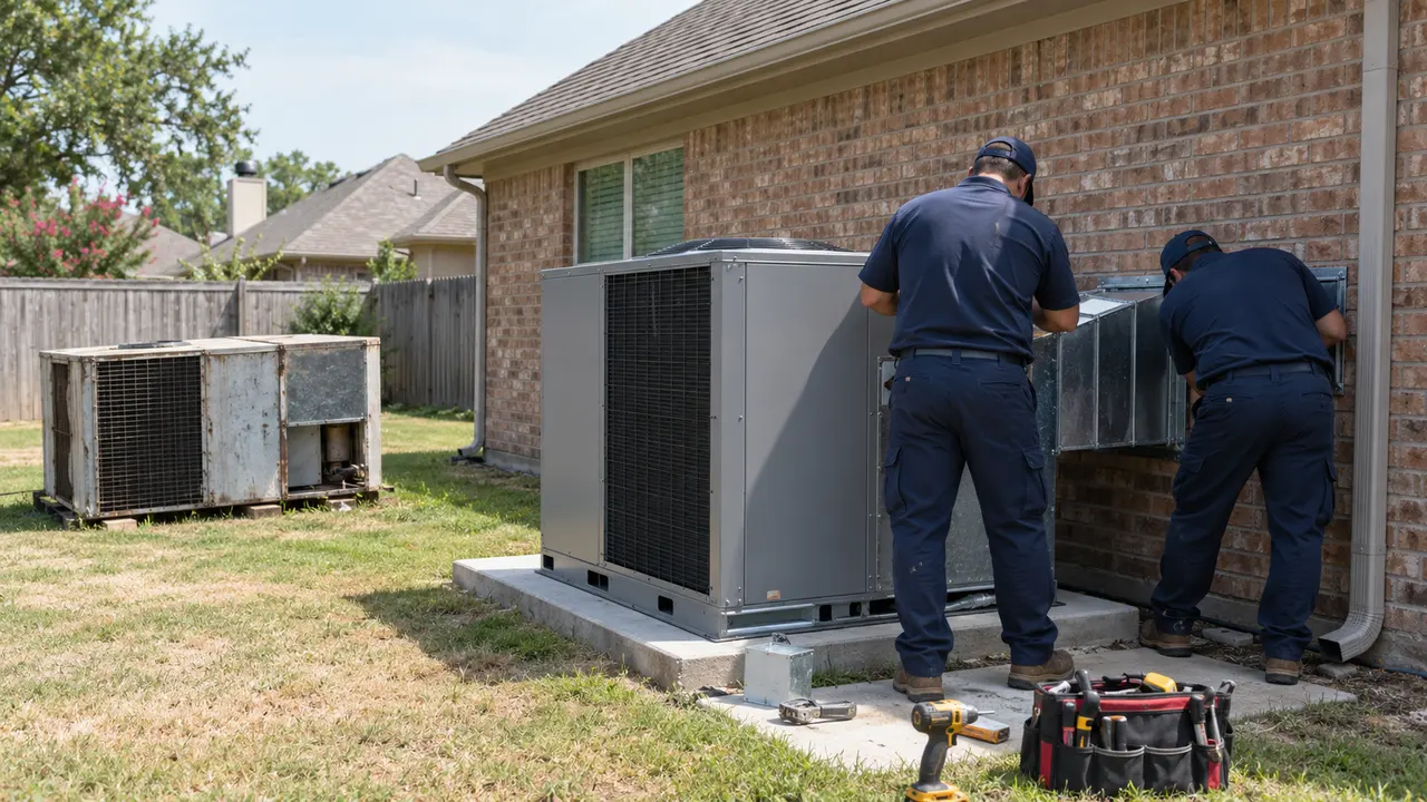 Two installers seen from behind connecting ductwork to a new package unit beside a brick home, old unit set aside