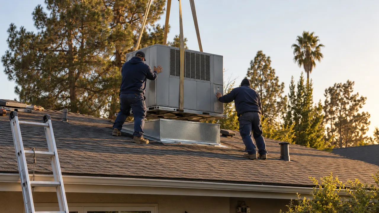 A new package unit being lifted onto a roof by crane, installers guiding it into place