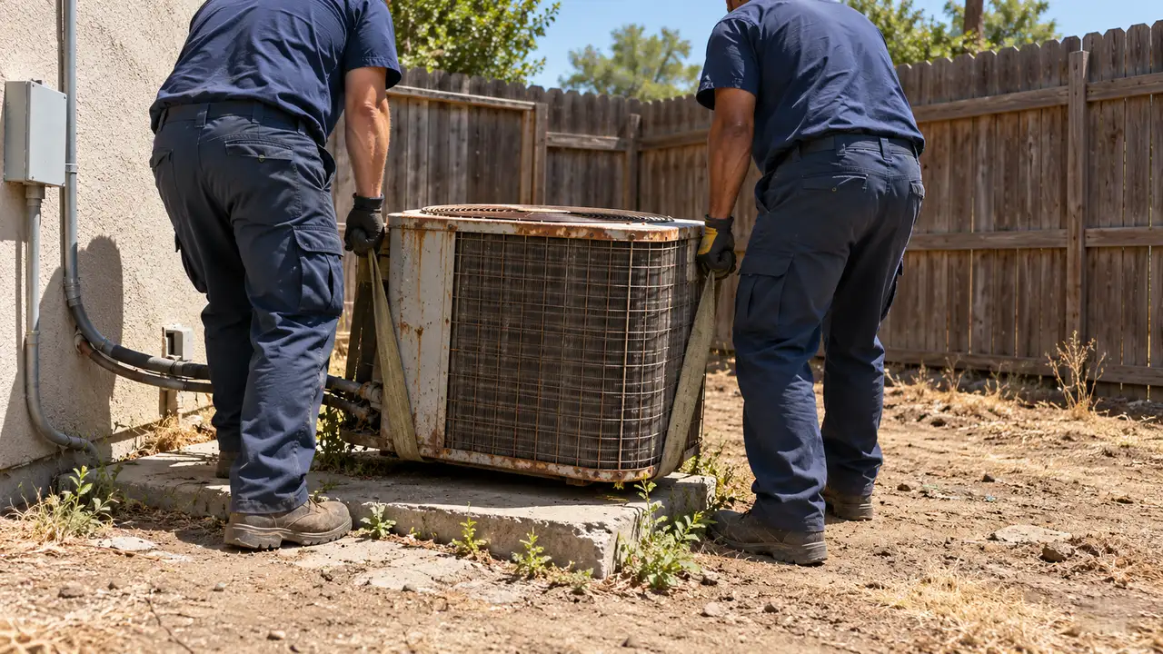 Two installers lifting an old rusty AC unit off its pad with lifting straps