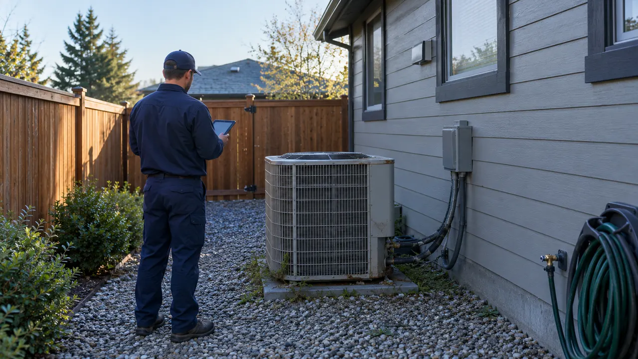 Technician with a tablet looking over an old outdoor AC unit with the access panel off